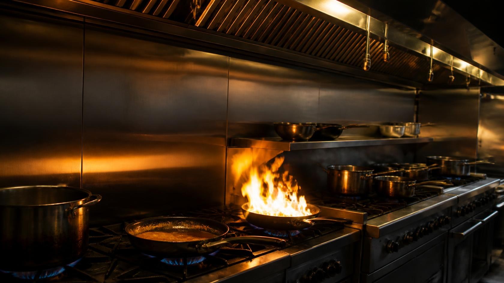 Restaurant cooking line under a stainless hood